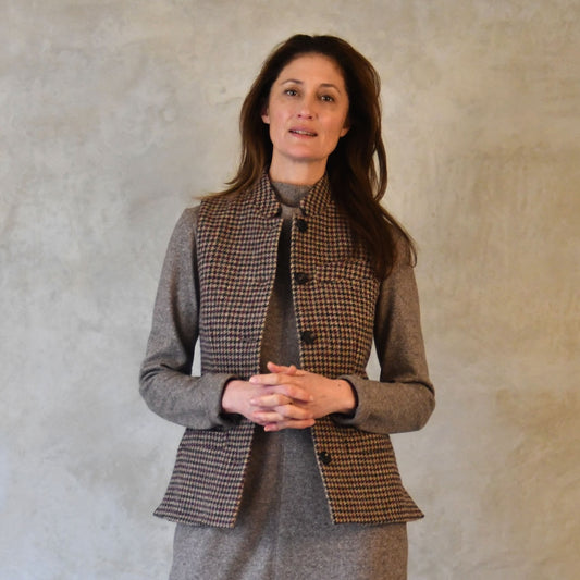 Ladies Classic Cut Waistcoat in Camel Check Lovat Tweed