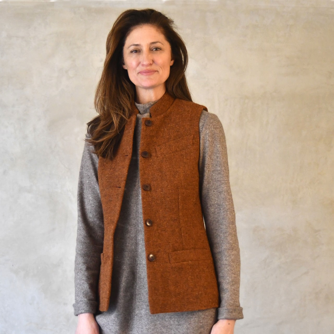 Ladies Classic Cut Waistcoat in Plain Russet Lovat Tweed