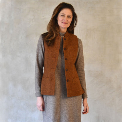 Ladies Classic Cut Waistcoat in Plain Russet Lovat Tweed