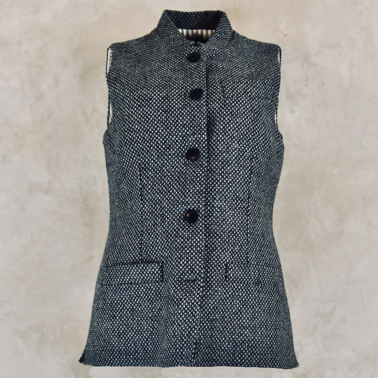 Ladies Classic Cut Waistcoat in Blue-Grey Tiger Eye Tweed