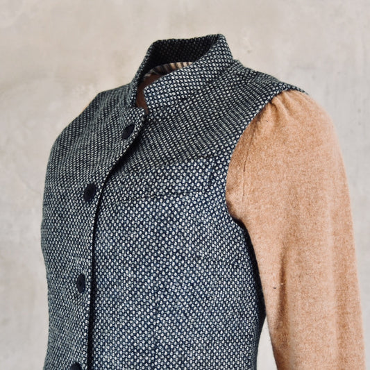 Ladies Classic Cut Waistcoat in Blue-Grey Tiger Eye Tweed
