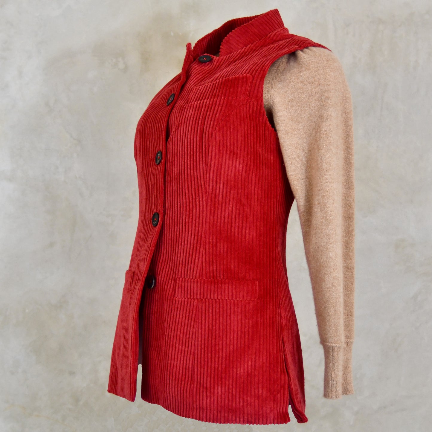 Ladies Longer Length Waistcoat in Claret Corduroy