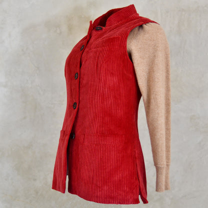 Ladies Longer Length Waistcoat in Claret Corduroy
