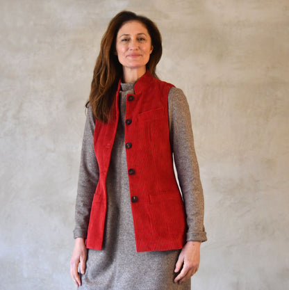 Ladies Longer Length Waistcoat in Claret Corduroy