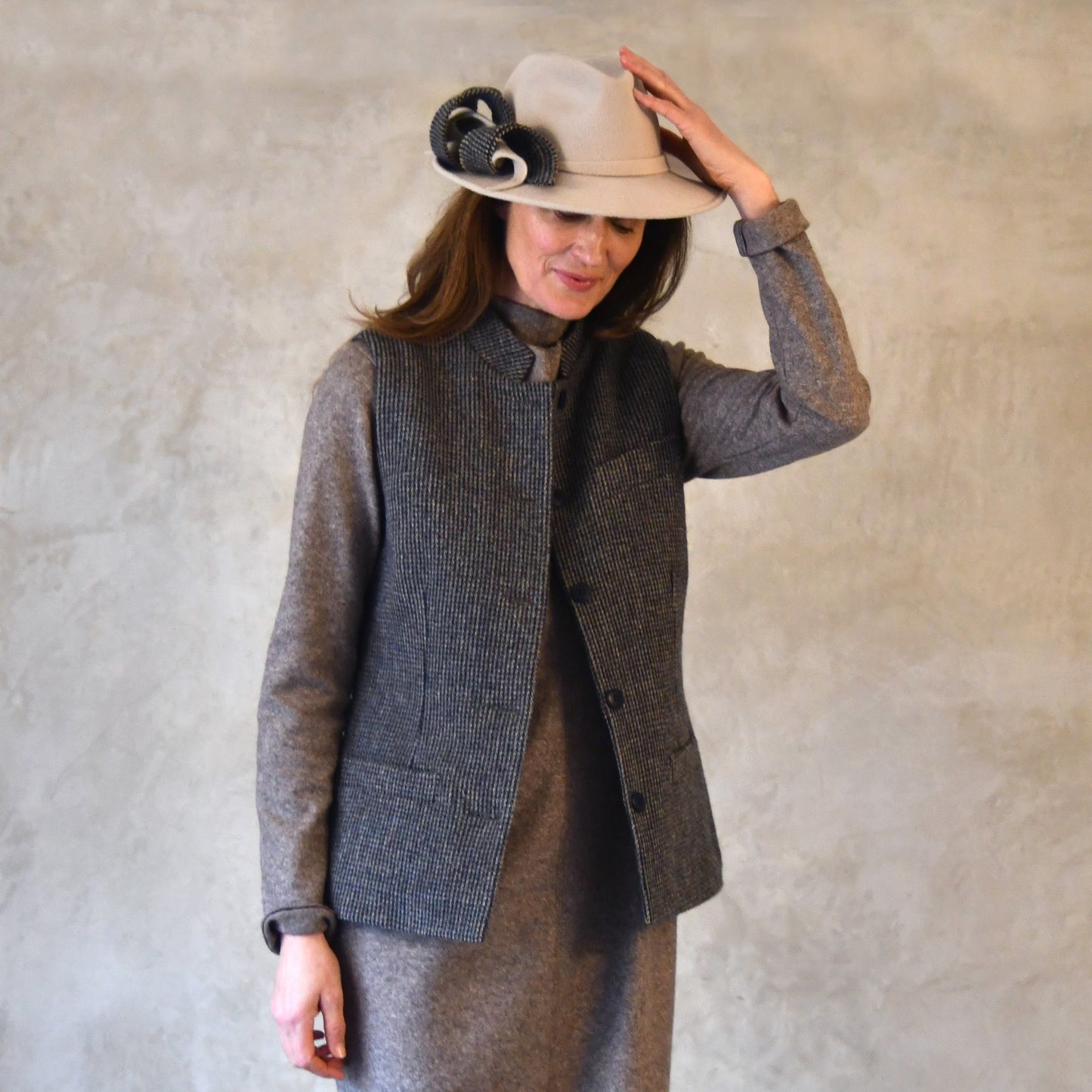 8 – Ladies Classic Cut Waistcoat in Small Blue Check Lovat Tweed