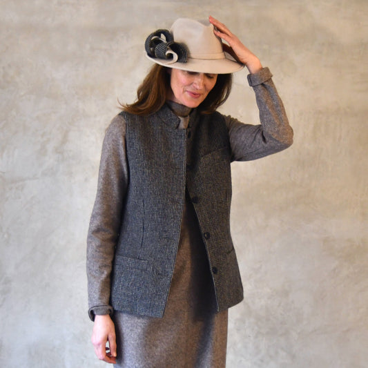 8 – Ladies Classic Cut Waistcoat in Small Blue Check Lovat Tweed