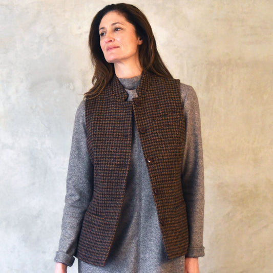 Ladies Classic Cut Waistcoat in Copper Check Lovat Tweed