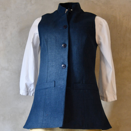 Ladies Longer Length Waistcoat in Indigo Heavier Weight Linen