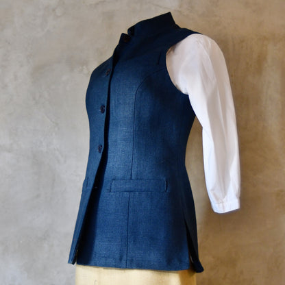 Ladies Longer Length Waistcoat in Indigo Heavier Weight Linen