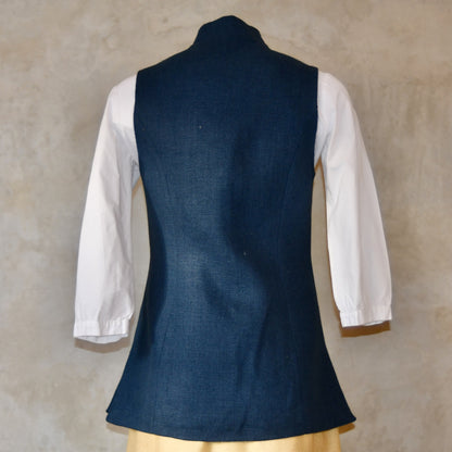 Ladies Longer Length Waistcoat in Indigo Heavier Weight Linen