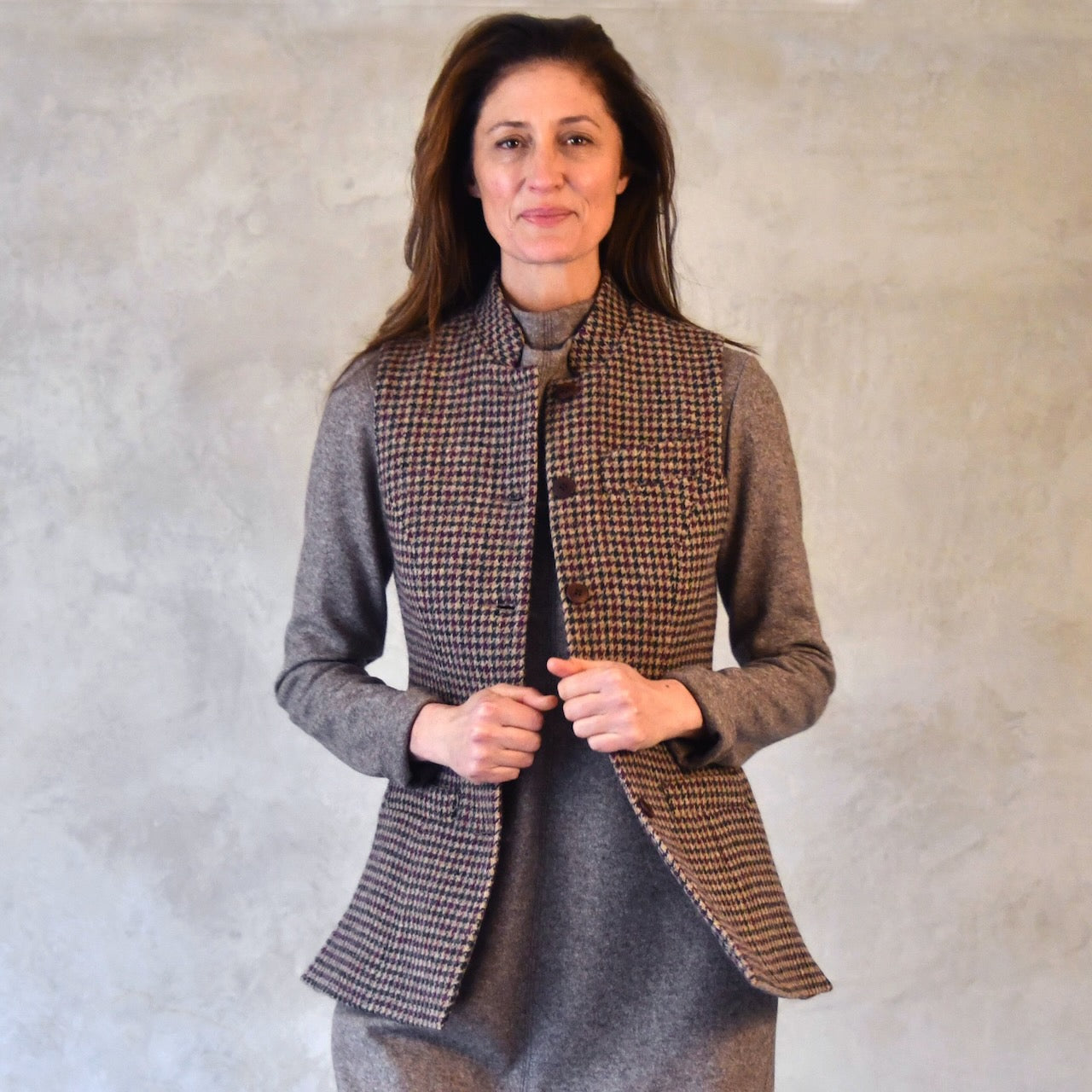 Ladies Longer Length Waistcoat in Camel Check Lovat Tweed