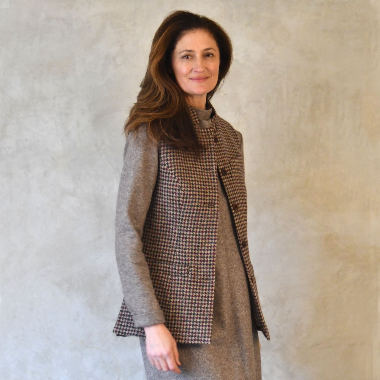 Ladies Longer Length Waistcoat in Camel Check Lovat Tweed