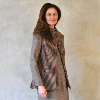 Ladies Longer Length Waistcoat in Camel Check Lovat Tweed