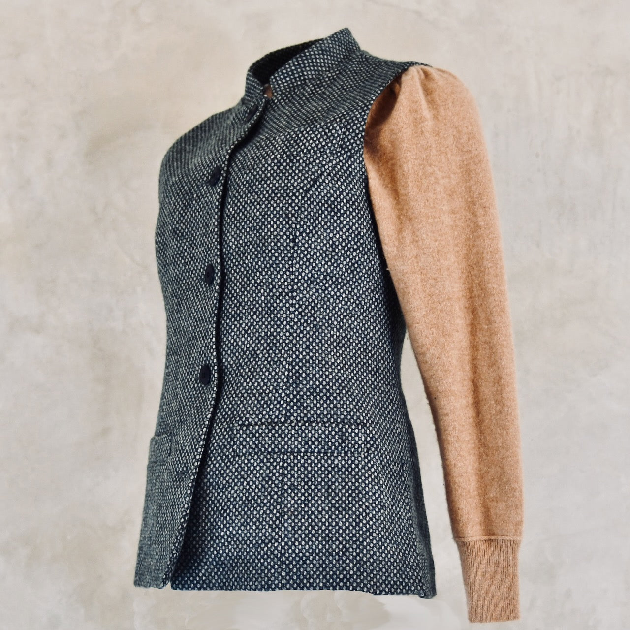 Ladies Longer Length Waistcoat in Blue-Grey Tiger Eye Tweed