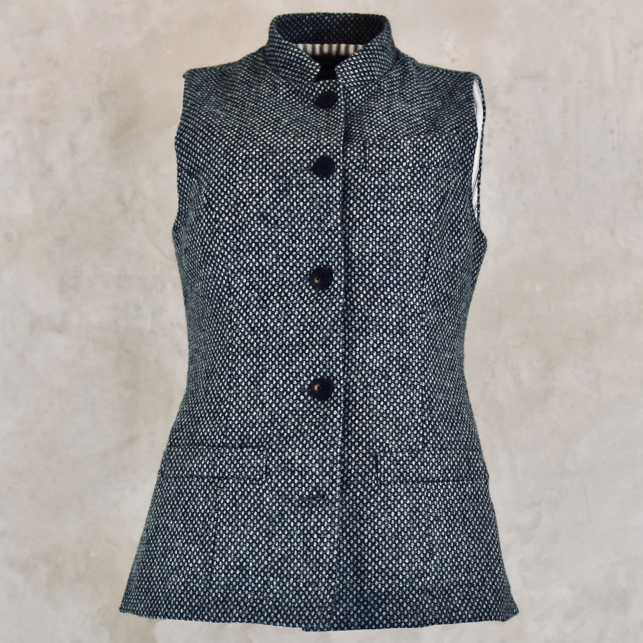 Ladies Longer Length Waistcoat in Blue-Grey Tiger Eye Tweed