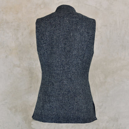Ladies Longer Length Waistcoat in Blue-Grey Tiger Eye Tweed