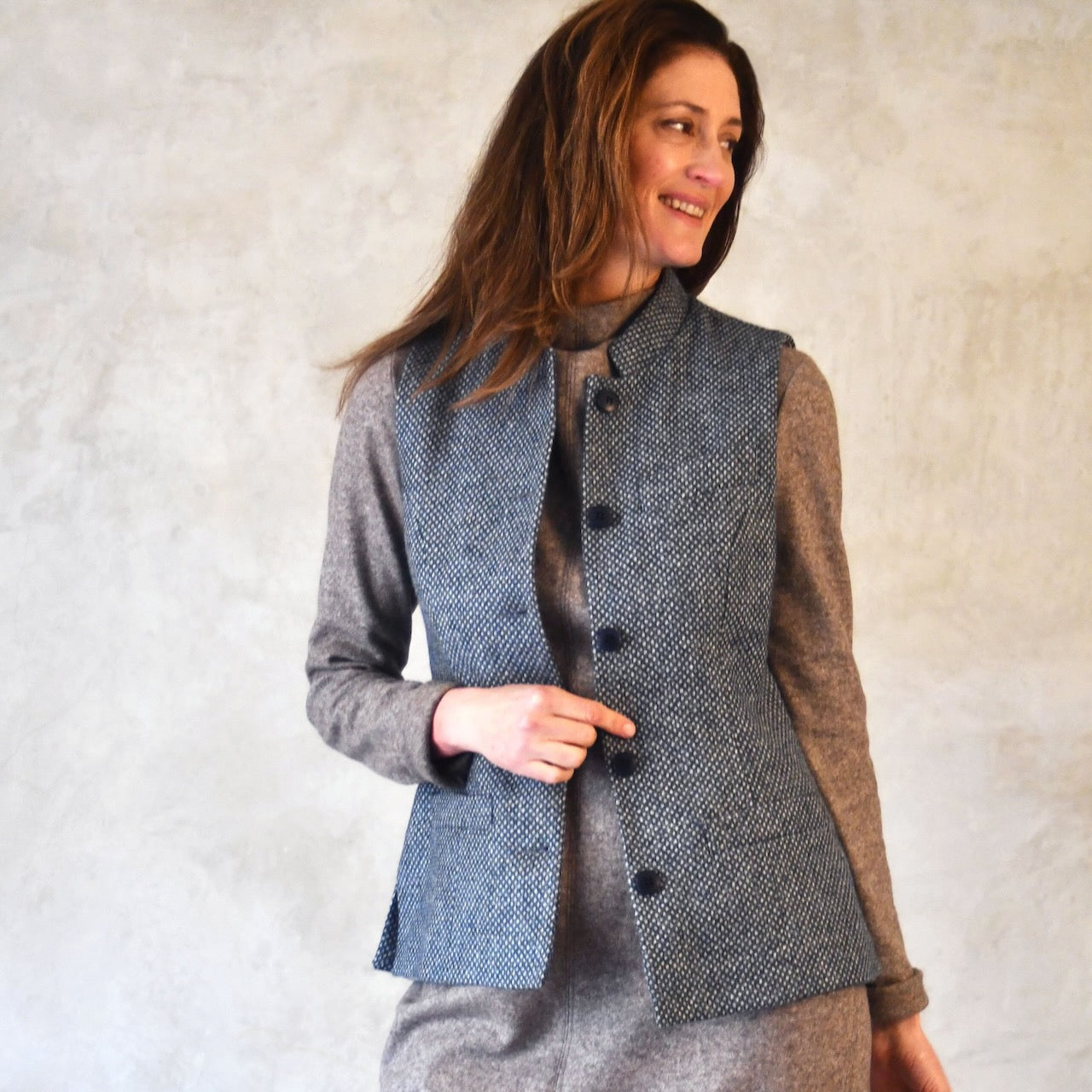Ladies Longer Length Waistcoat in Blue-Grey Tiger Eye Tweed