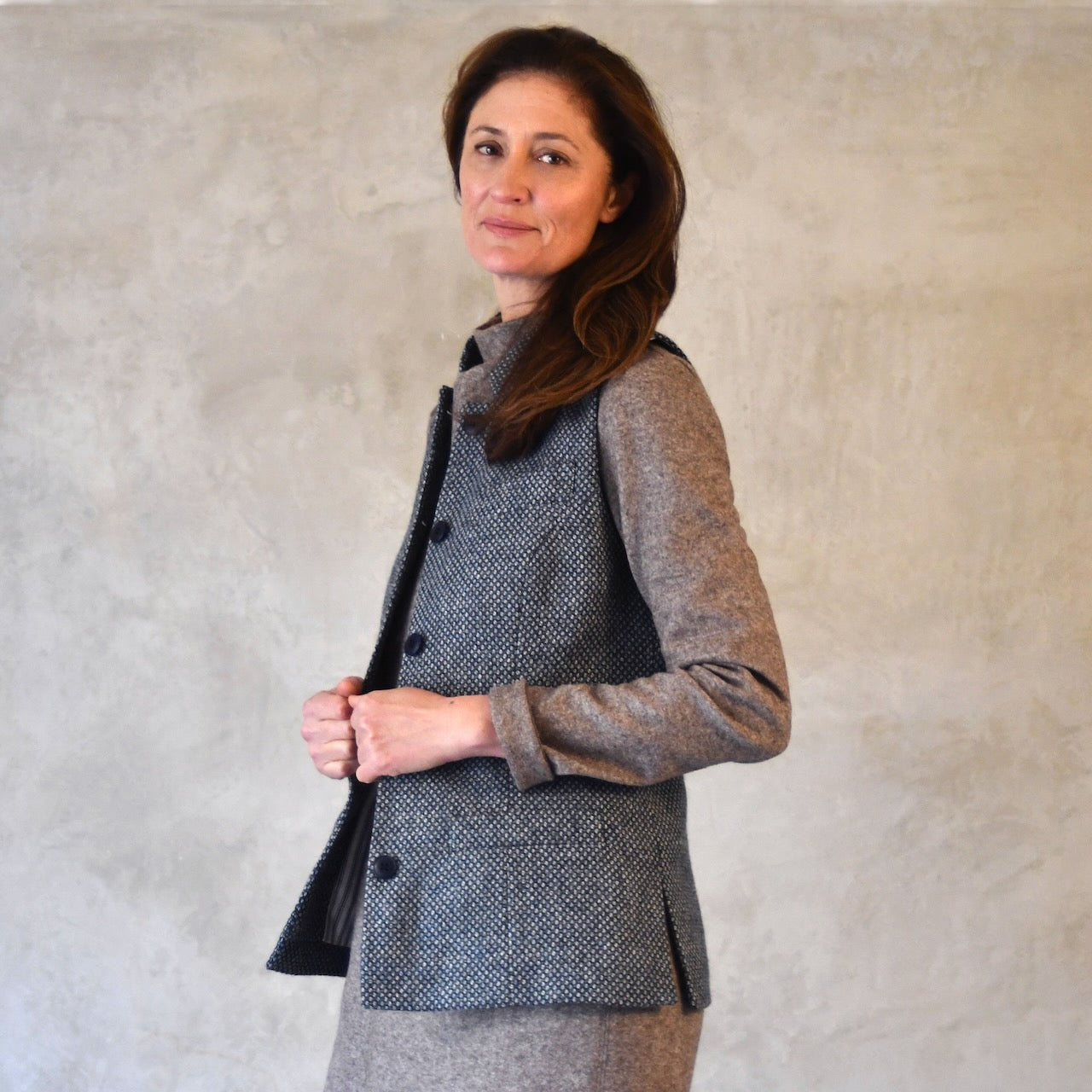 Ladies Longer Length Waistcoat in Blue-Grey Tiger Eye Tweed