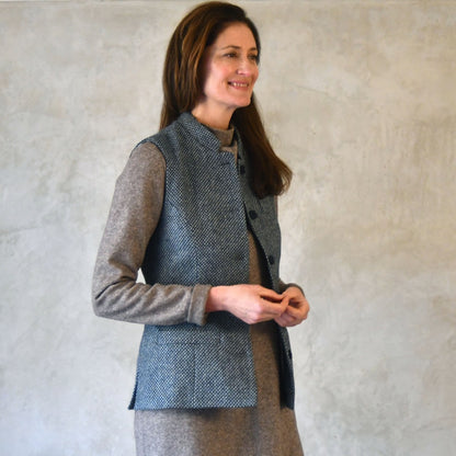 Ladies Longer Length Waistcoat in Blue-Grey Tiger Eye Tweed