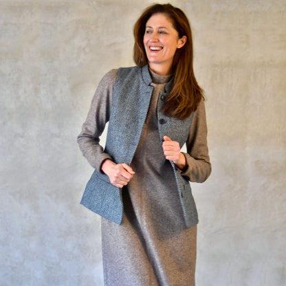 Ladies Longer Length Waistcoat in Blue-Grey Tiger Eye Tweed