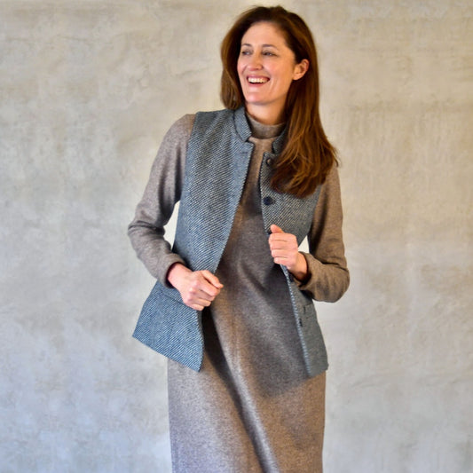 Ladies Longer Length Waistcoat in Blue-Grey Tiger Eye Tweed