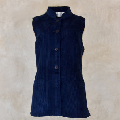 Ladies Longer Length Waistcoat in Navy Corduroy
