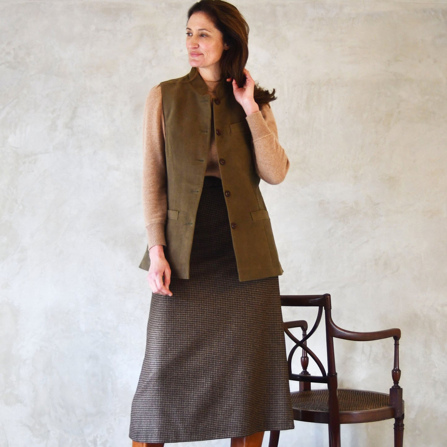 Ladies Longer Length Waistcoat in Khaki Moleskin