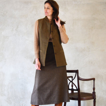 Ladies Longer Length Waistcoat in Khaki Moleskin
