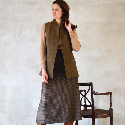 14 – Ladies Longer Length Waistcoat in Khaki Moleskin