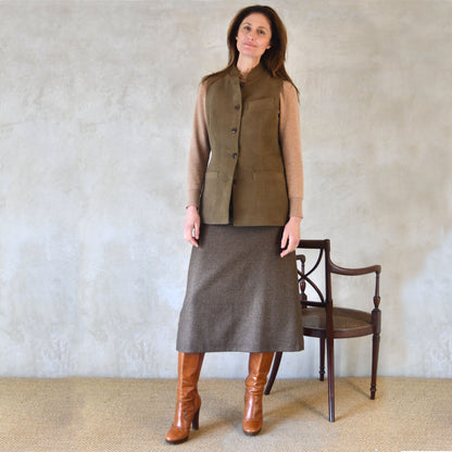 Ladies Longer Length Waistcoat in Khaki Moleskin