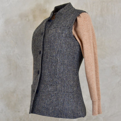 Ladies Classic Cut Waistcoat in Small Blue Check Lovat Tweed