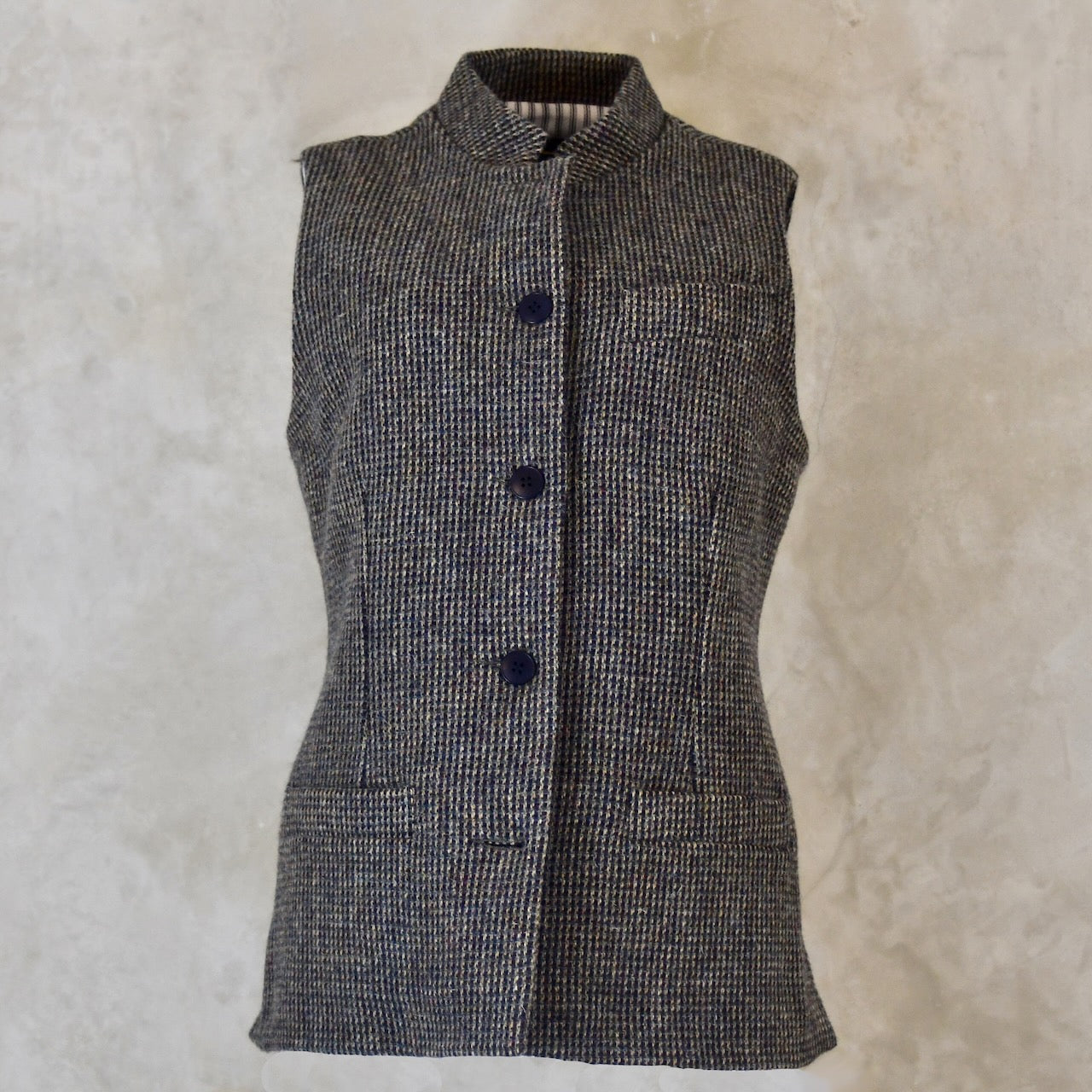 Ladies Classic Cut Waistcoat in Small Blue Check Lovat Tweed