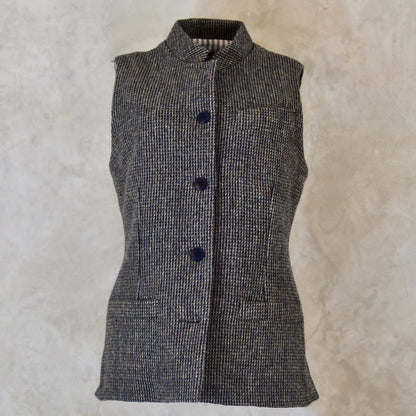 Ladies Classic Cut Waistcoat in Small Blue Check Lovat Tweed