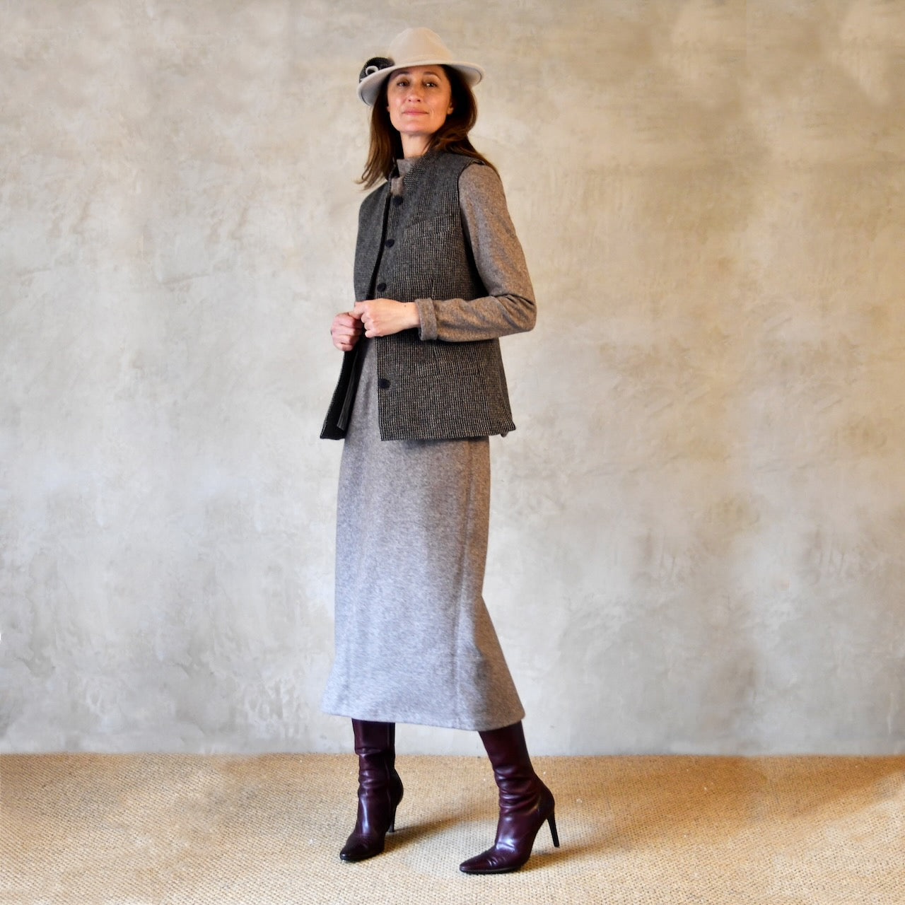 Ladies Classic Cut Waistcoat in Small Blue Check Lovat Tweed