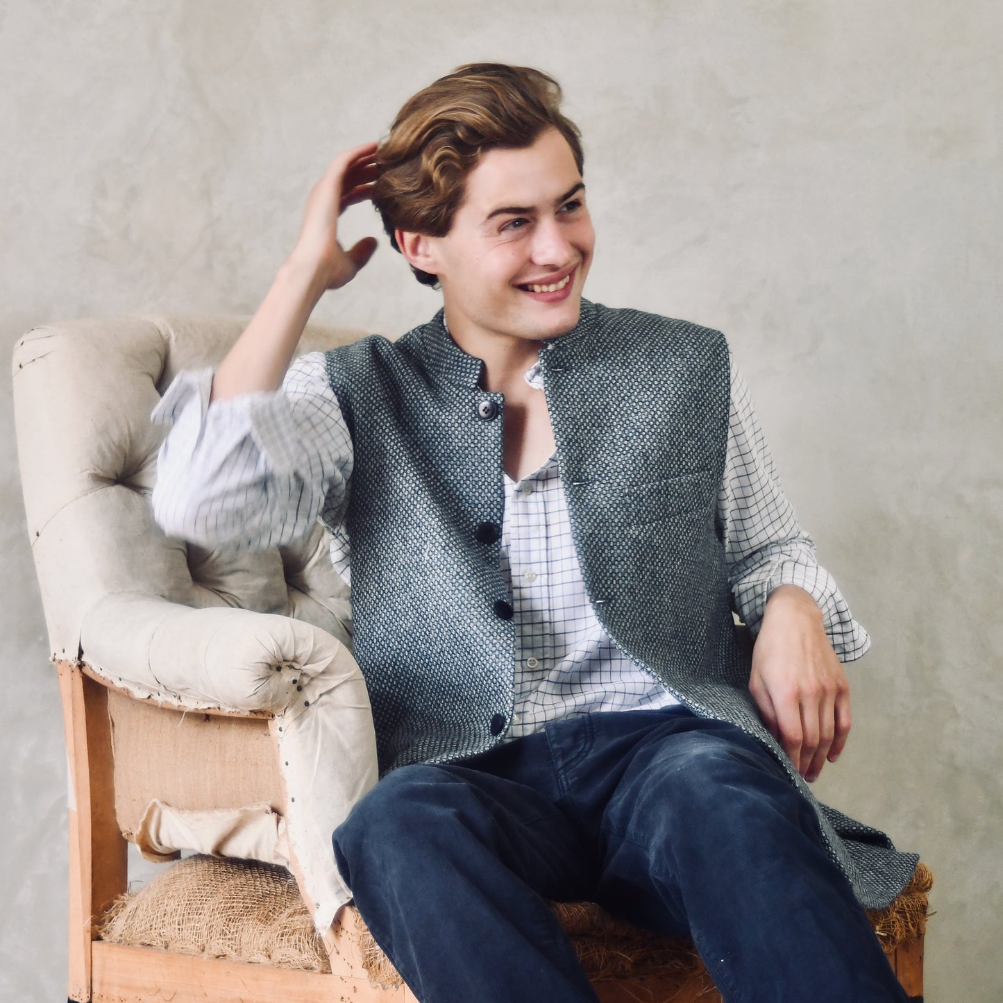 42" Tailored Cut Waistcoat in Light Grey and Blue Tiger Eye Tweed