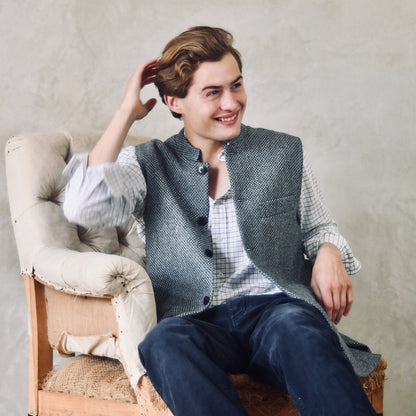 42" Tailored Cut Waistcoat in Light Grey and Blue Tiger Eye Tweed