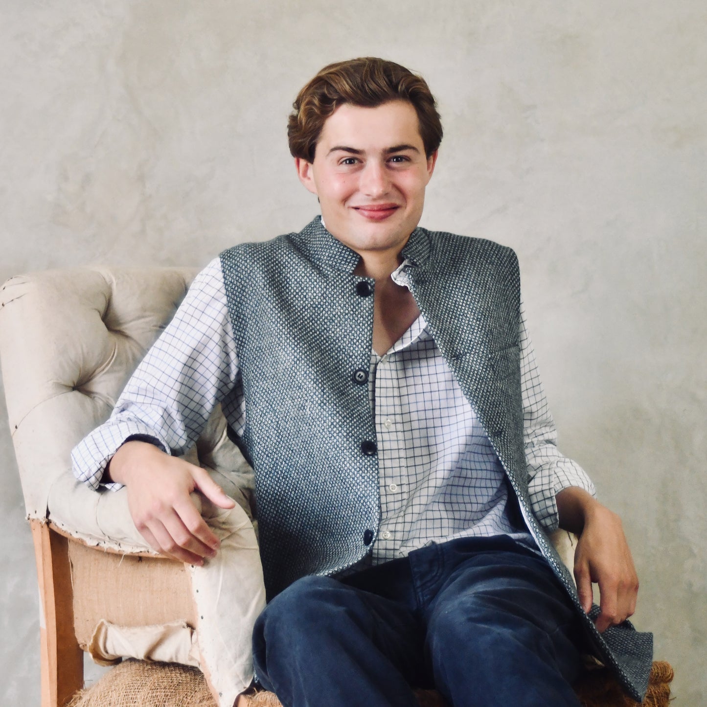 42" Tailored Cut Waistcoat in Light Grey and Blue Tiger Eye Tweed