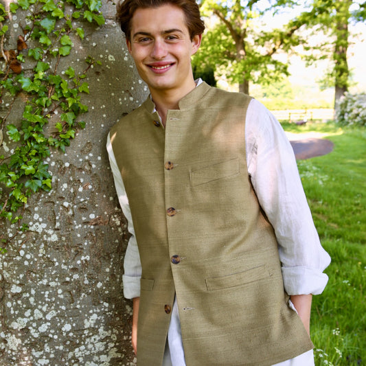 36" Tailored Cut Waistcoat in Khaki Silk Matka