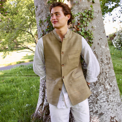 48" Tailored Cut Waistcoat in Khaki Silk Matka