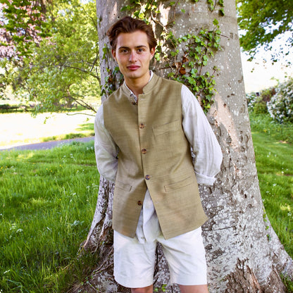 48" Tailored Cut Waistcoat in Khaki Silk Matka