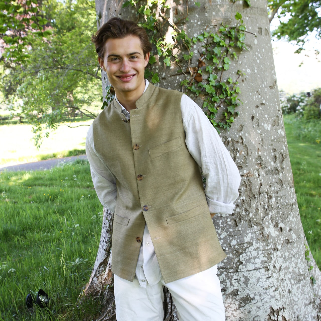 48" Tailored Cut Waistcoat in Khaki Silk Matka