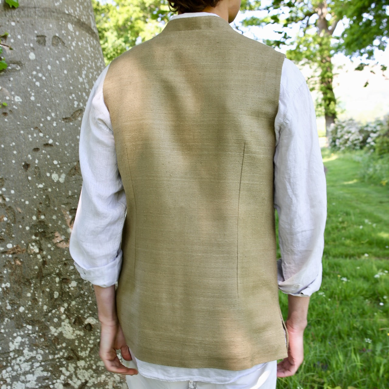 48" Tailored Cut Waistcoat in Khaki Silk Matka