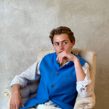 Tailored Cut Waistcoat in Sky Blue Silk Matka