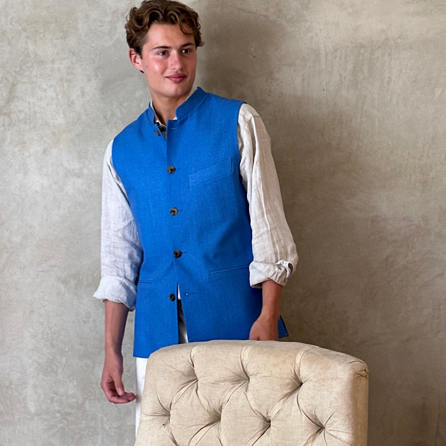 Tailored Cut Waistcoat in Sky Blue Silk Matka