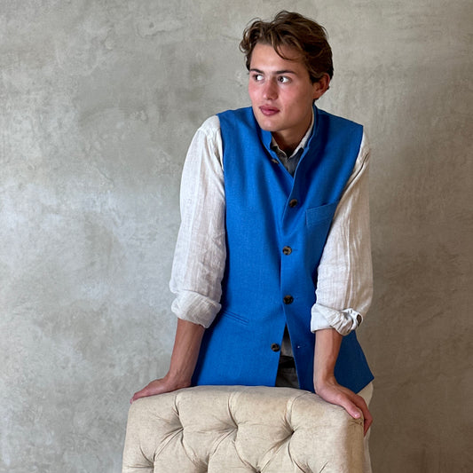 Classic Cut Waistcoat in Sky Blue Silk Matka