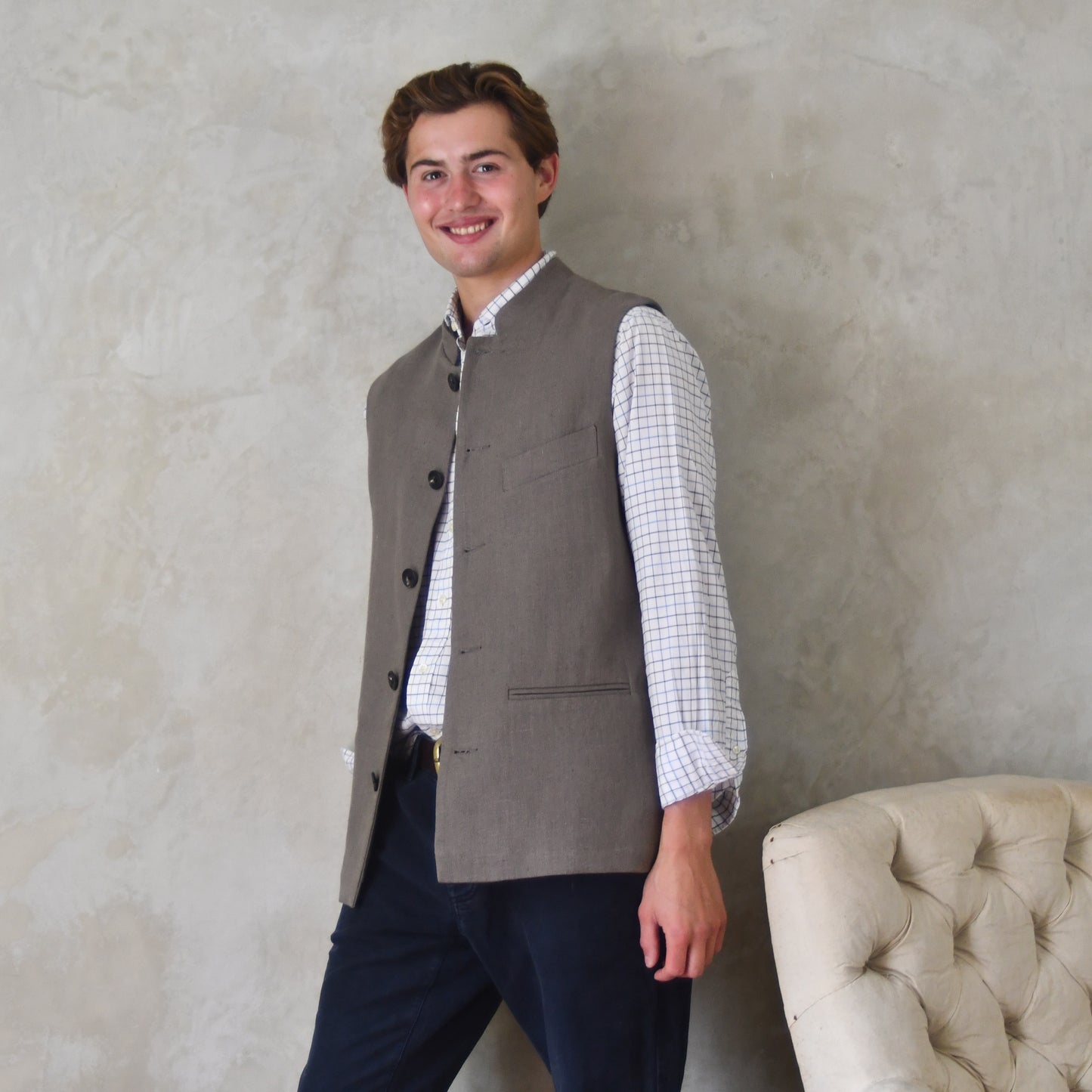 40" Tailored Cut Waistcoat in Mushroom Mid-Weight Irish Linen