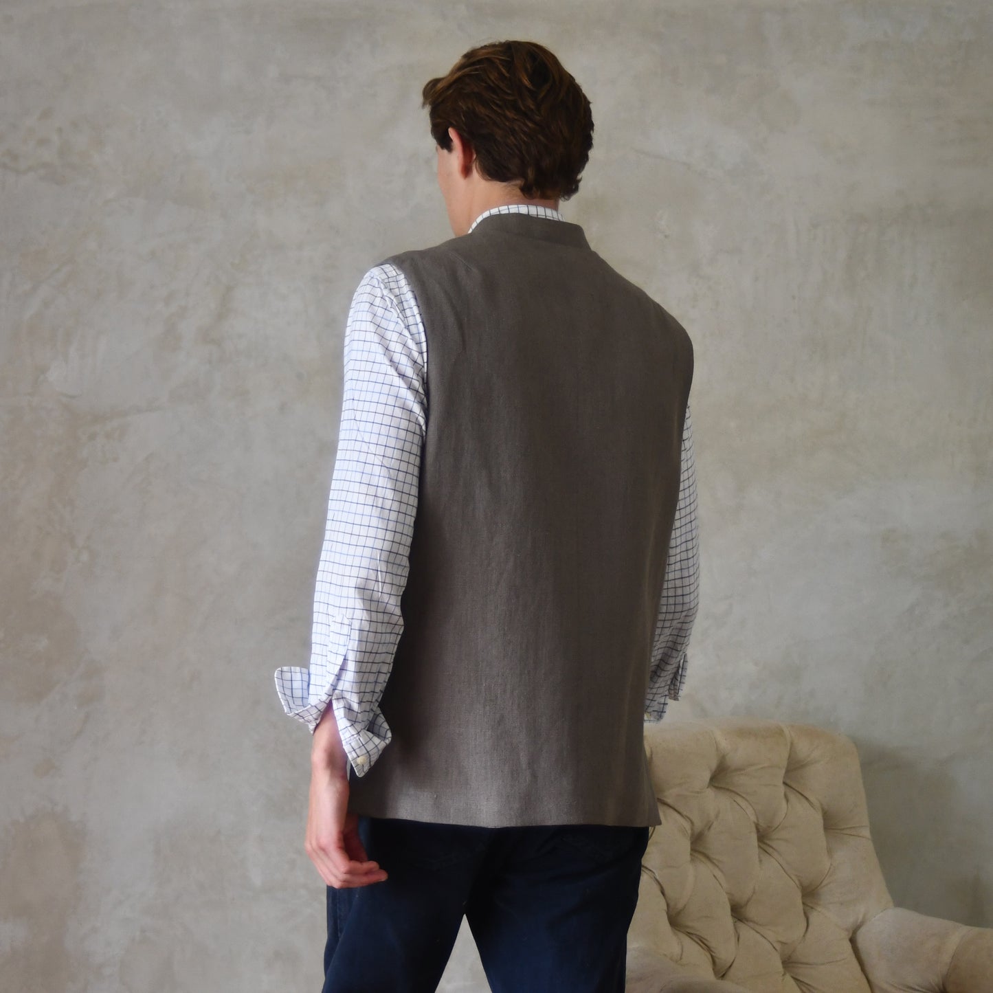 40" Tailored Cut Waistcoat in Mushroom Mid-Weight Irish Linen