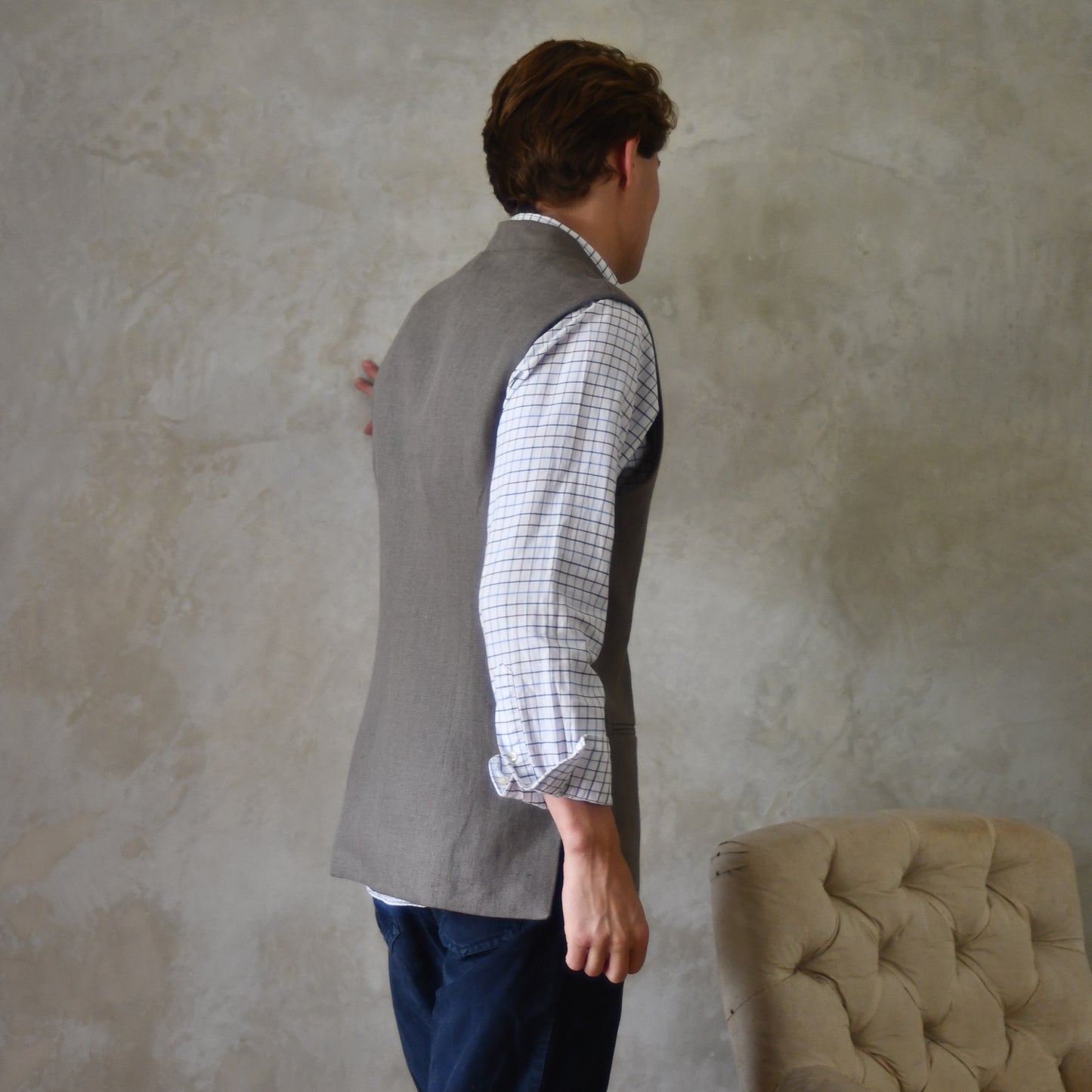 40" Tailored Cut Waistcoat in Mushroom Mid-Weight Irish Linen