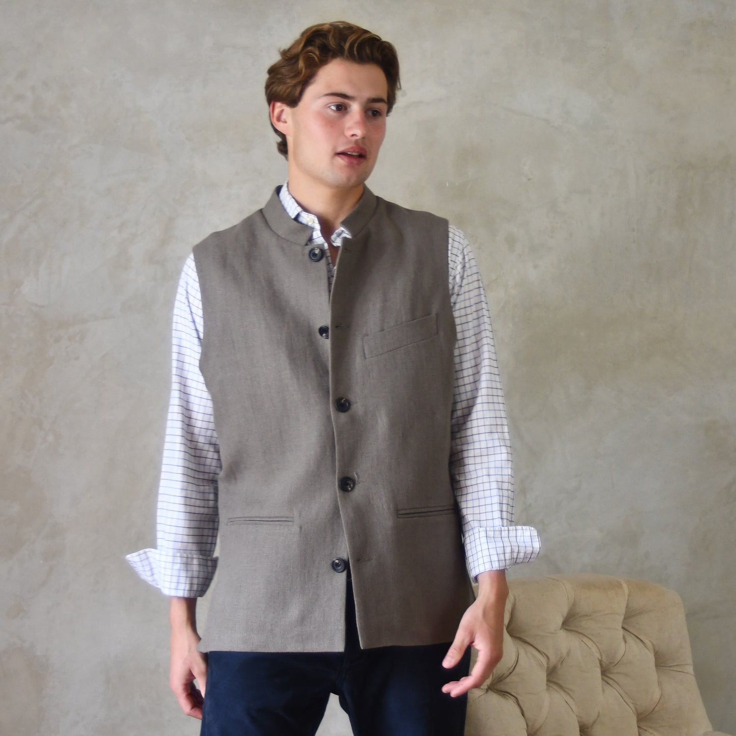 40" Tailored Cut Waistcoat in Mushroom Mid-Weight Irish Linen