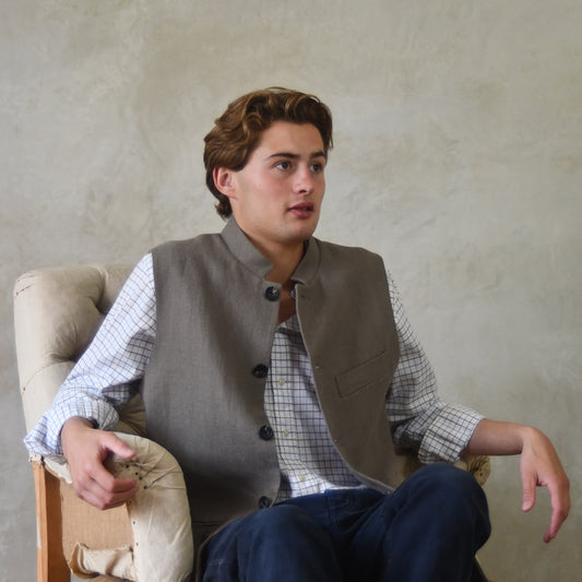 Classic Cut Waistcoat in Mushroom Mid-Weight Irish Linen